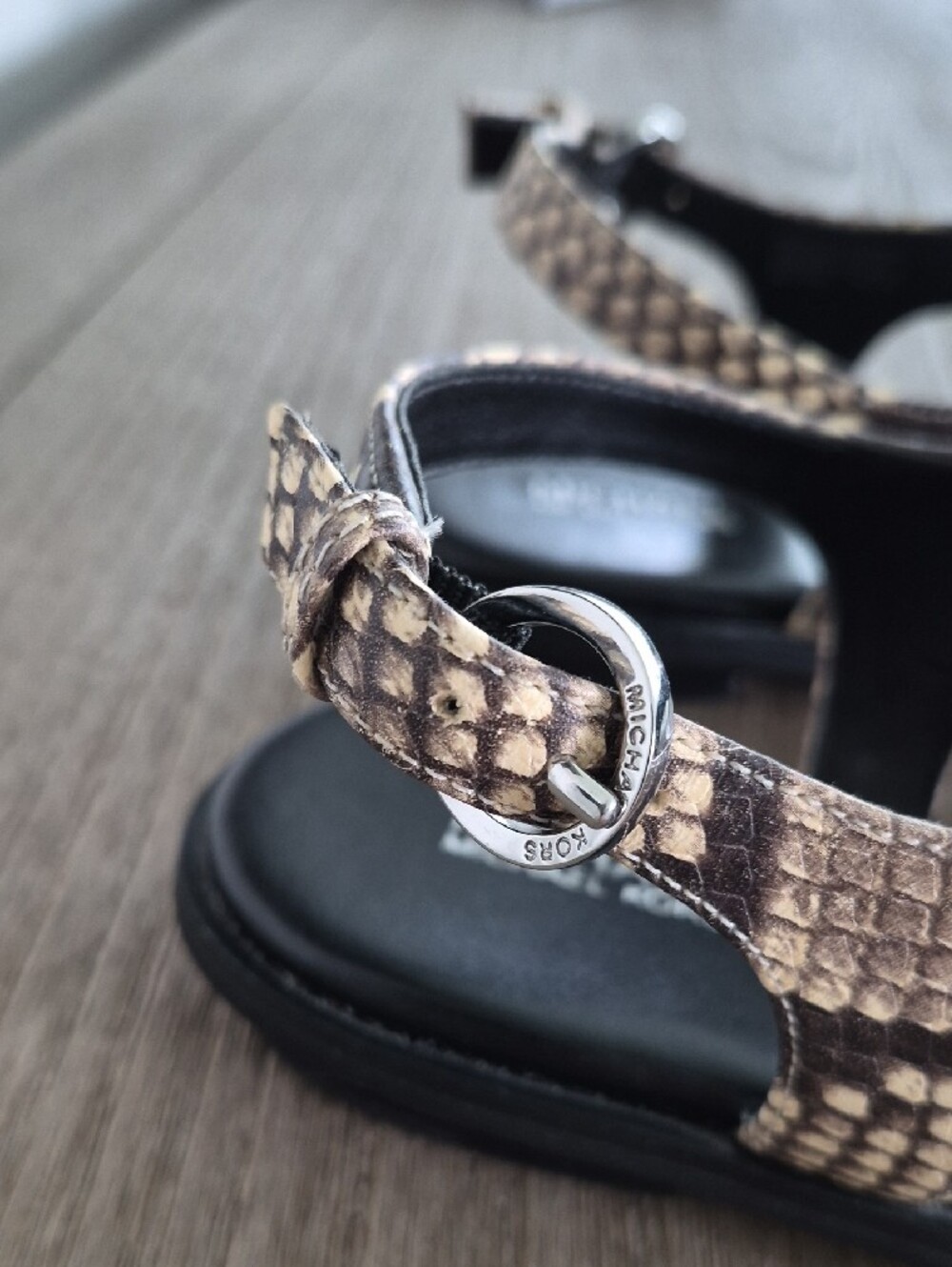 Michael Kors Snake-Print T-Strap Sandals in Black and Brown - Picture 4 of 8